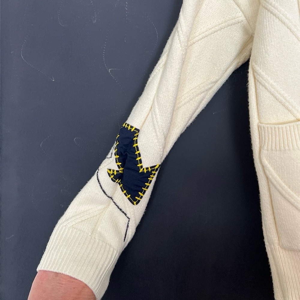 Womens Cardigan Size Cream Oversize Varsity Patchwork Embroidery Whimsical Retro - Picture 8 of 12